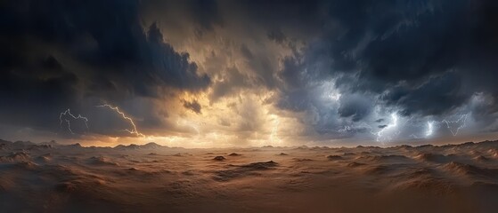 Naklejka premium A dramatic panorama depicting turbulent skies with dark clouds and a bright horizon, creating a captivating contrast between light and shadow.