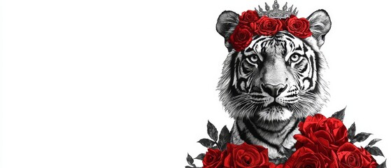  A black-and-white tiger adorned with red roses atop its head, crowned with a wreath of roses