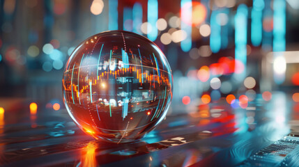 crystal ball displaying market predictions symbolizes future of investment. vibrant colors and reflections create captivating atmosphere, evoking curiosity and intrigue