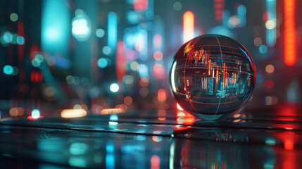 crystal ball reflecting market predictions and futuristic city lights, symbolizing investment insights and financial forecasting. vibrant colors create captivating atmosphere