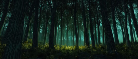 Obraz premium A serene forest at dusk, shrouded in mist and accentuated by soft green hues, creating an enchanting and mysterious atmosphere.