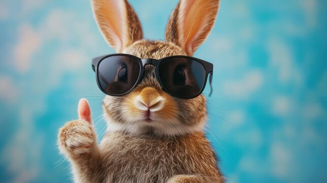 Cute rabbit wearing sunglasses gives a thumbs up against a blue background, exuding coolness and charm in a playful setting.