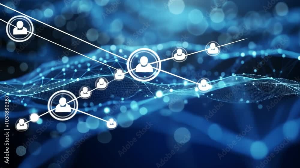 Poster A vibrant display of interconnected lines and glowing points shows a digital network. Icons represent communication and data exchange, symbolizing technology's role in connectivity.