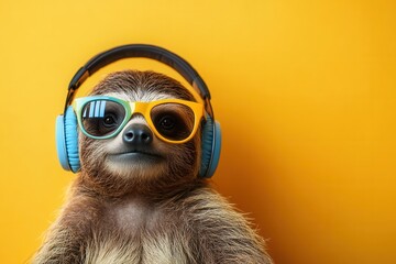 Obraz premium Cute sloth wearing sunglasses and headphones against a bright yellow background. Fun and playful image for creative and vibrant projects.