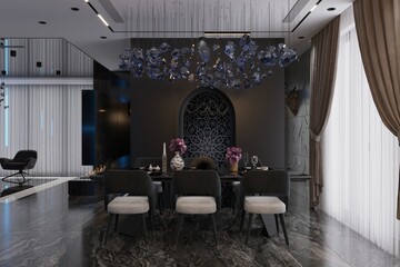 A contemporary and opulent dining area with full decoration of dining table with chairs.