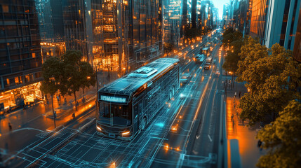 Innovative Evolution of Public Transport: A City Bus Merging into a Technical Blueprint of a Zero-Emission Bus Amidst a Futuristic Urban Landscape
