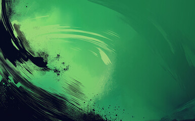 A dynamic abstract black and green background with brush strokes. AI generation.