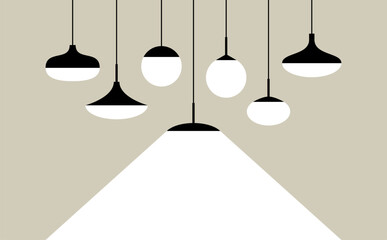 Collection of various hanging light fixtures one of which is glowing. Illustration in a minimalistic black and white design. Can be use for lighting, interior design, or decor projects