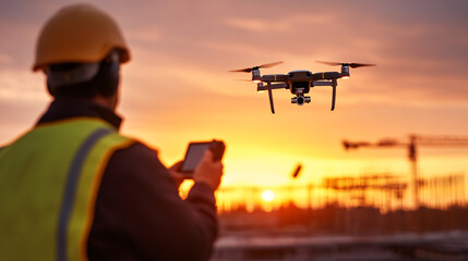 Drone operator controlling quadcopter at construction site during sunset, aerial technology for building inspection and surveying
