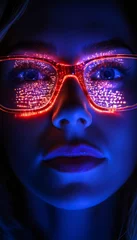 Close-Up Portrait, Young Woman Futuristic Glasses, Red Digital Overlay, Technology Concept © Ilja