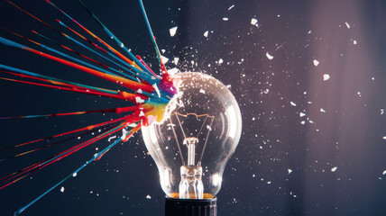 light bulb shattering with colorful paint splashes creates dynamic scene