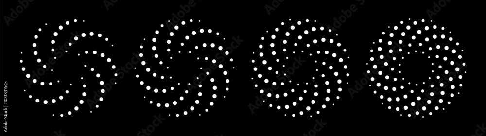 Poster collection of abstract circular dot swirl pattern in black and white, creating a dynamic visual effe