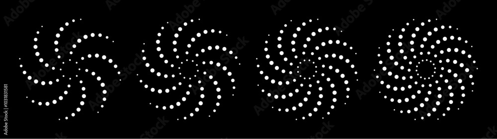 Poster collection of abstract circular dot swirl pattern in black and white, creating a dynamic visual effe