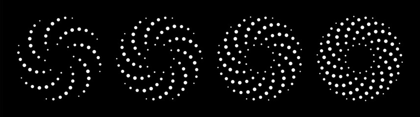 Collection of abstract circular dot swirl pattern in black and white, creating a dynamic visual effect. Can be use for design projects, posters, backgrounds, and digital artworks. Vector illustration