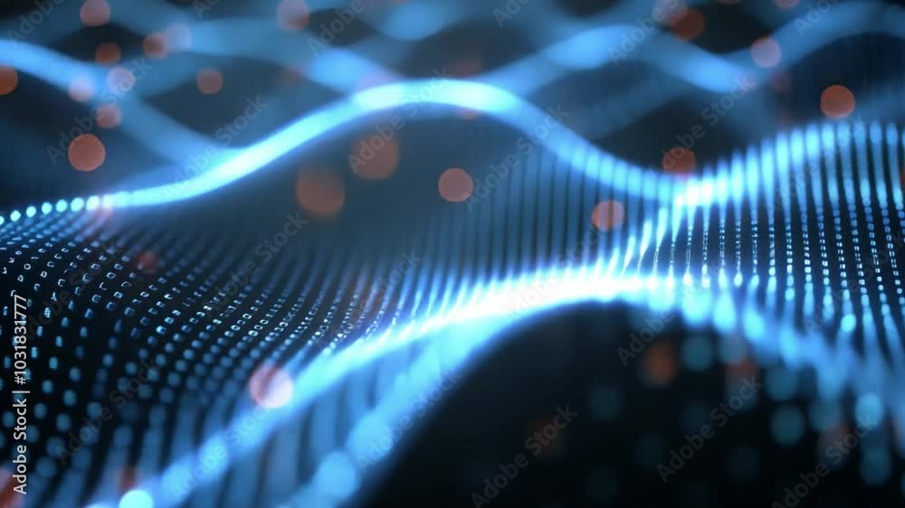 Fototapete a mesmerizing display of flowing blue and orange digital waves creates an abstract design, showcasin