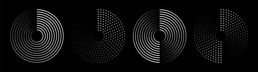 Obraz premium Set of speed lines in circle form. Halftone dotted speed lines. Abstract geometric circles with rotating radial lines. Design element for logo, prints, template or posters. Vector illustration
