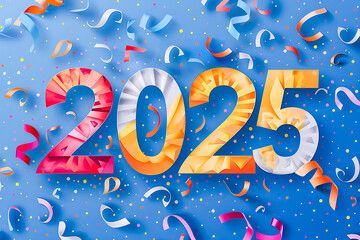 Text 2025 in papercut style with confetti on blue background