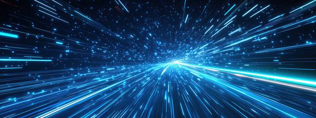 Futuristic Design of a Blue Gradient Background with a Light Speed Road, Stars, and Glowing Lines in a Digital Universe