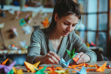 Fototapeta premium Generative AI woman crafting colorful origami paper figures