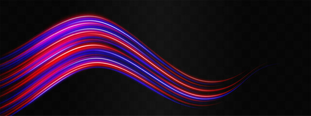 Speed effect. Curved red and blue neon light streaks flowing across a dark background, creating a dynamic and futuristic look