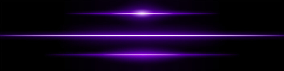 Set purple neon stripes or light flash. Thin line with a white highlight. Laser beams, horizontal beams. Beautiful light reflections. Glowing stripes on a black background.