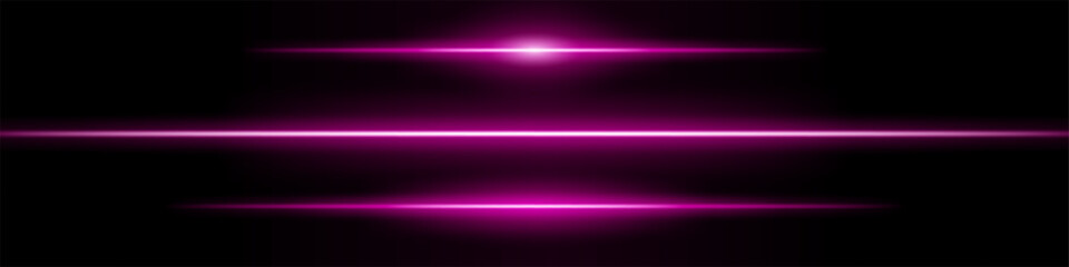Set purple neon stripes or light flash. Thin line with a white highlight. Laser beams, horizontal beams. Beautiful light reflections. Glowing stripes on a black background.