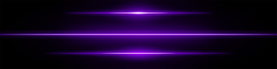 Set purple neon stripes or light flash. Thin line with a white highlight. Laser beams, horizontal beams. Beautiful light reflections. Glowing stripes on a black background.