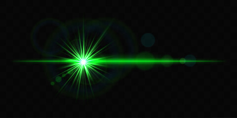 Bright green glowing light burst with lens flare on a black background, creating a dynamic and futuristic effect. Lens flare, star light effect, reflection