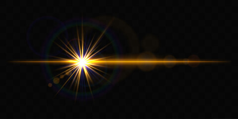 Bright golden glowing light burst with rainbow lens flare on a black background, creating a dynamic and futuristic effect. Lens flare, star light effect, reflection