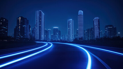 Fototapeta premium Urban Cityscape with Neon Skyscrapers, Curved Path to Unknown Horizon, White LED Lit Path, Blue Light Glow, High-Speed Track Movement in a Futuristic Setting