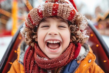 A joyful child with curly hair enjoys a winter slide at a festive outdoor market during snowfall