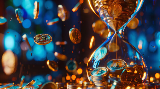 Time sensitive investments are symbolized by hourglass filled with falling coins, representing urgency in cryptocurrency trading