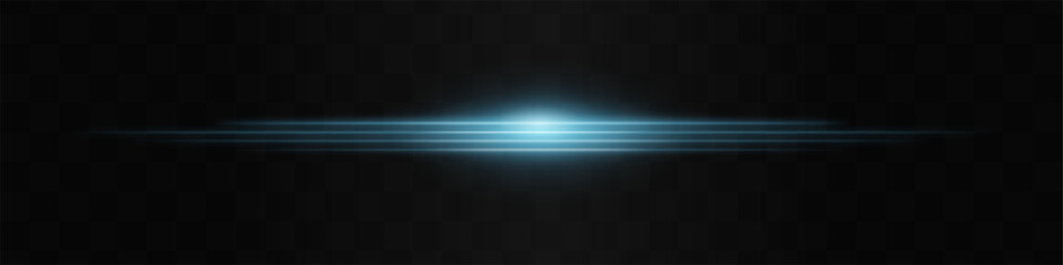 Moving fast Horizontal glowing blue light beam on a black background, Highlight effect. Abstract laser reflection. Light effect. Directional light effect. Lens flare. Horizontal rays glowing