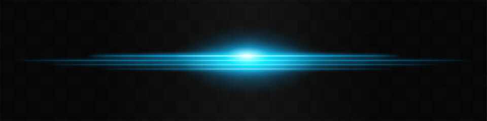 Moving fast Horizontal glowing blue light beam on a black background, Highlight effect. Abstract laser reflection. Light effect. Directional light effect. Lens flare. Horizontal rays glowing