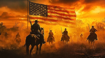 A scene depicting the Civil War with the American flag in the background, symbolizing patriotism and historical conflict.