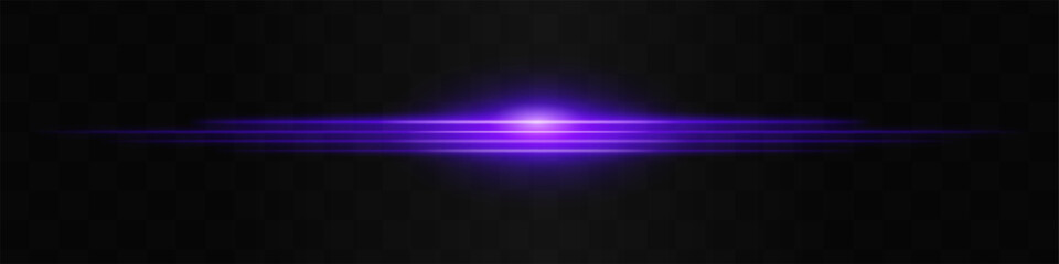 Moving fast Horizontal glowing purple light beam on a black background, Highlight effect. Abstract laser reflection. Light effect. Directional light effect. Lens flare. Horizontal rays glowing