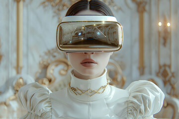 Fashion model person wearing futuristic shiny glamorous VR goggles watching cyberpunk video, Generative AI