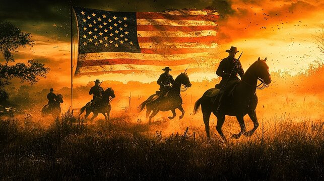 A scene depicting the Civil War with the American flag in the background, symbolizing patriotism and historical conflict.