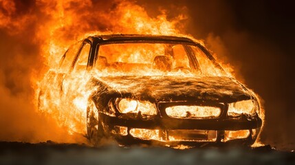 Obraz premium A car is fully engulfed in flames, producing a fiery blaze that lights up the night sky on a secluded road
