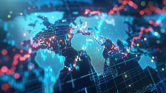 Digital representation of global stock exchanges with data visualization, showcasing interconnected markets and financial trends. vibrant colors and intricate patterns evoke sense of dynamic economic