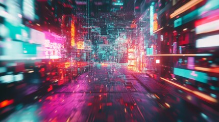 Obraz premium Neon Cyber City: A Futuristic Digital Landscape