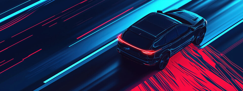 Simplified Tron-Like Map with Realistic SUV Car, Blue and Red Accents, Daytime Scene from Above
