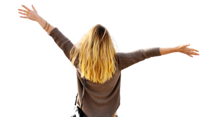 Carefree woman png cut out, raising arms on transparent background