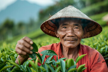 Fototapeta premium Generative AI, tea plantations on hills natural farming background in Asia Africa Japan India