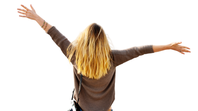 Carefree woman png cut out, raising arms on transparent background
