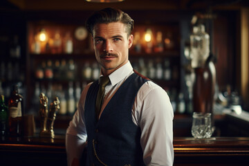 Obraz premium Classic bar pub with professional bartender barkeeper barman, Generative AI illustration photo