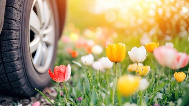 A colorful array of spring flowers surrounds a car tire as sunlight bathes the garden in warmth and glow