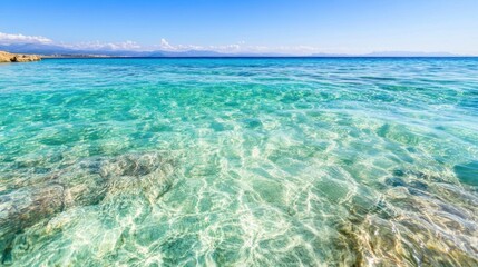 Obraz premium A tranquil coastal scene shows a clear blue sea undulating gently beneath a bright sky, highlighting natural beauty and calmness