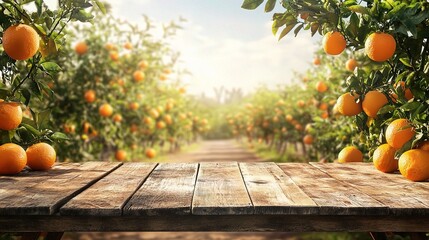 Serene Orange Orchard with Wooden Table View