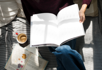 Magazine png mockup, woman with coffee cup, transparent design